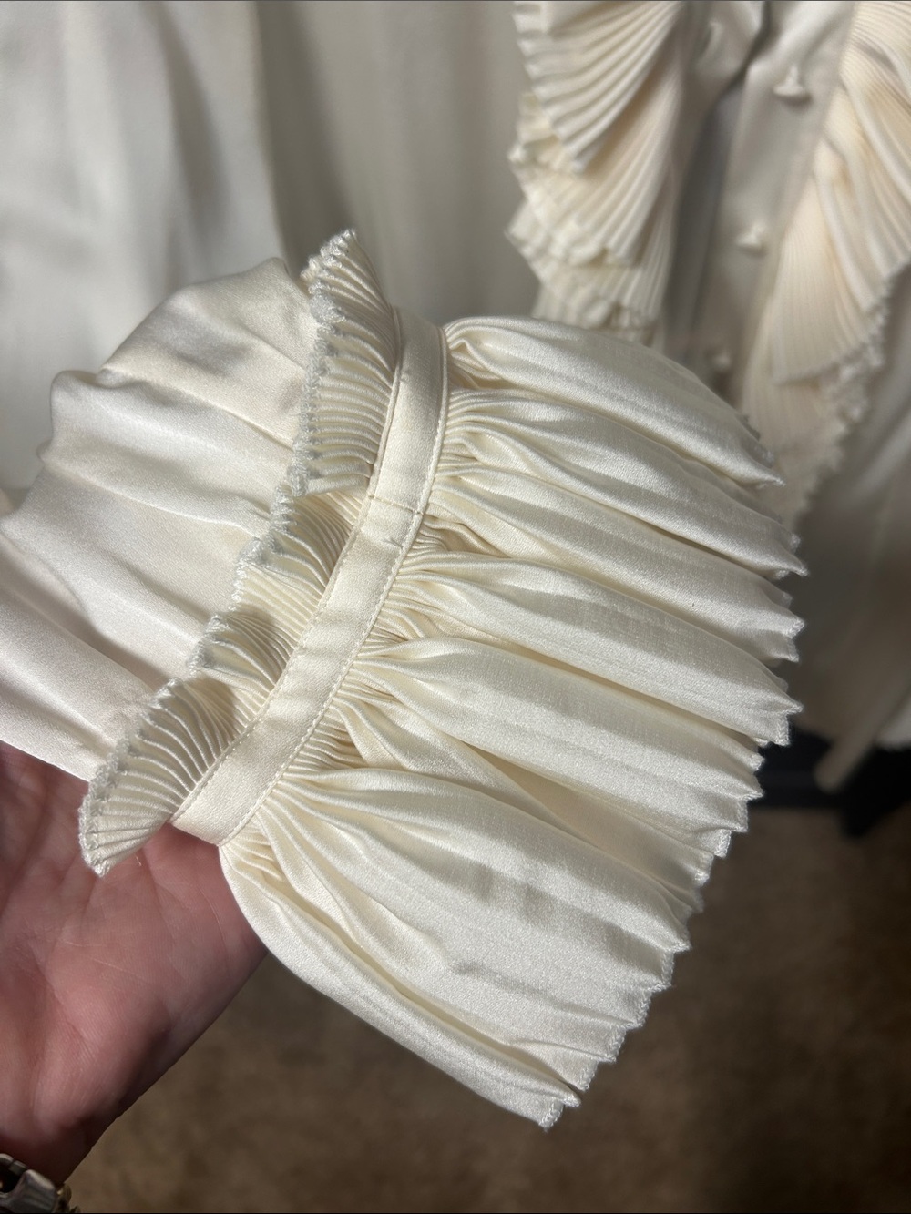 St. John Cream Pleated-Ruffle Silk Blouse - Picture 3 of 6